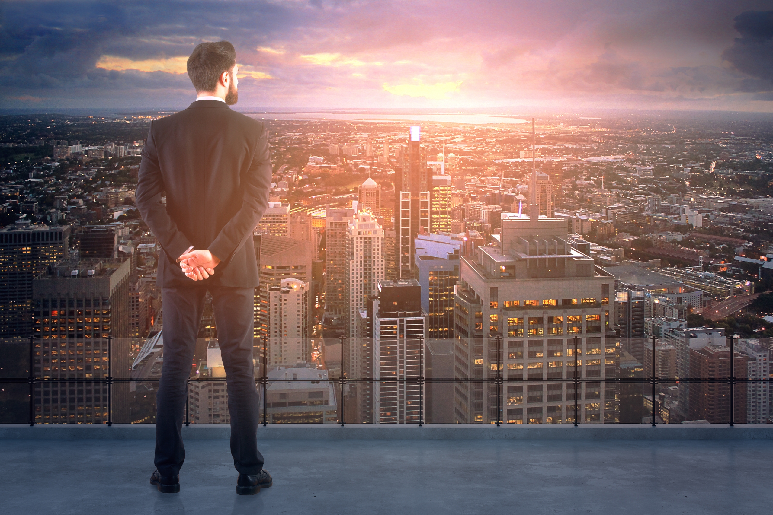 Back,View,Of,Young,Businessman,On,Concrete,Rooftop,Looking,At
